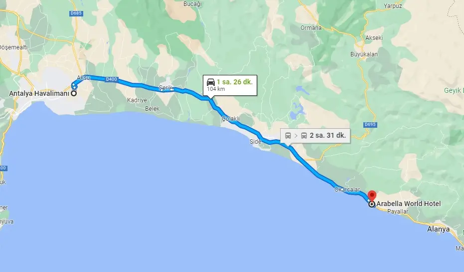 Distance to Arabella World Transfer and Antalya Airport