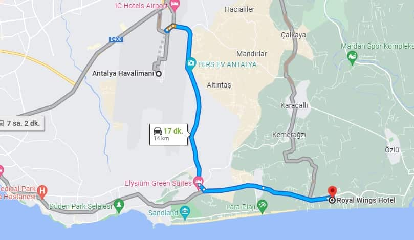 Distance to Royal Wings Hotel Transfer and Antalya Airport